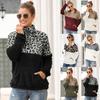 Women Hoodies Top Zipper Lapel Double-sided Velvet Leopard Pattern Stitching Sweater Women