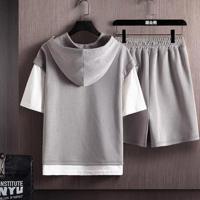 Summer Men's Fashion Waffle Short Sleeve T Shirt Soft Men's Casual Comfort Comfortable Large Size Sports Set