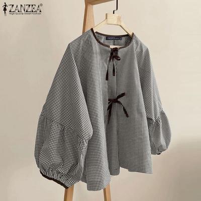 Женские осенние блузки с круглым вырезом в клетку с длинным рукавом-фонариком