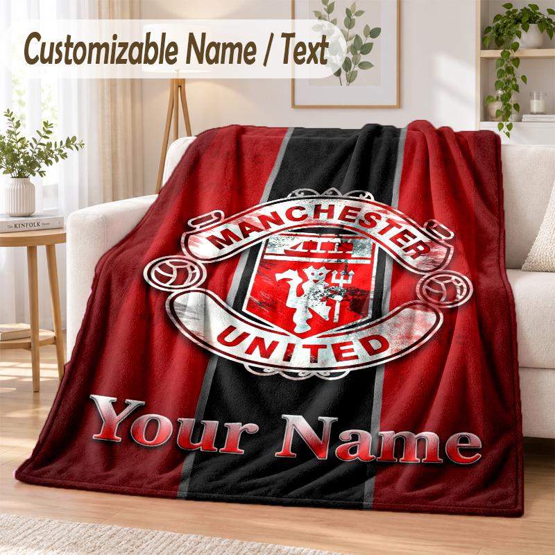 Custom Text Flannel Blanket Manchester United Print Warm Cozy Blanket Home Sofa Bedding