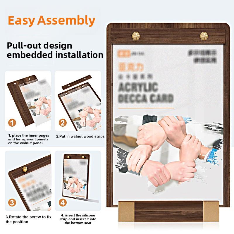 1 шт. Прозрачная панель Доска для отображения цены Основа из орехового дерева Ресторан Палатка Держатель для вывесок Вывески с металлической отделкой Ужин A4 A5 A6