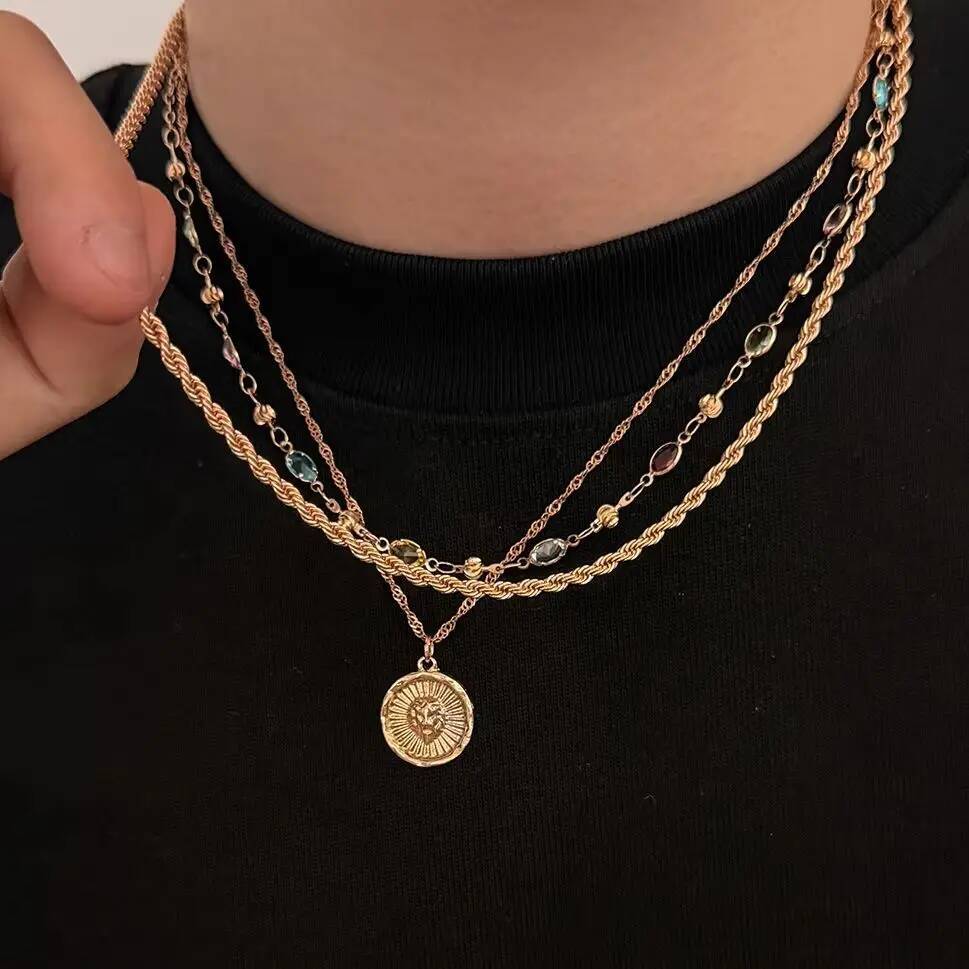 SHIXIN Exquisite 3Pcs/set Trendy Crystal Choker Coin Pendant Necklace Men Punk Charms Gold Color Twist Clavicle Chains Jewelry