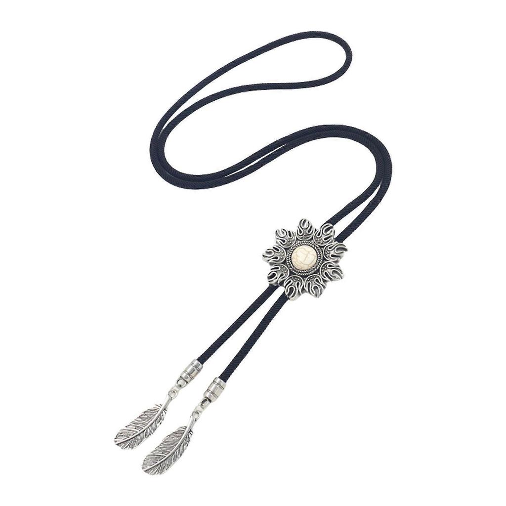 Men's Sun Turquoises Stone Feather Pendant Bolo Tie Braided Rope Necktie Necklace Shirt Collar Chain Cowboy Neckwear White