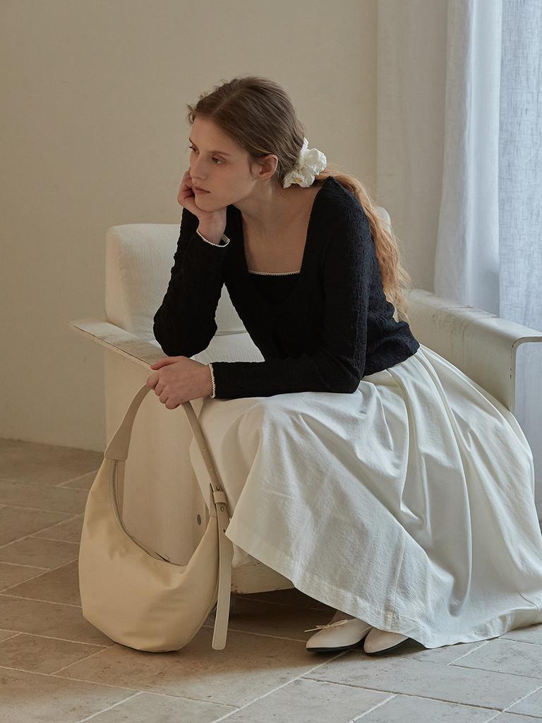 B Muse Mansion Satin Tuck Flare Skirt - Ivory