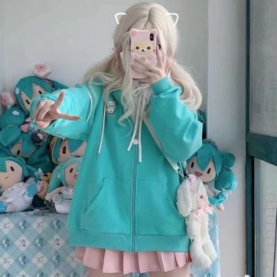 Harajuku Kawaii Y2k Стильные толстовки для женщин японский стиль Sweet Cat Ear на молнии большие толстовки с капюшоном куртка