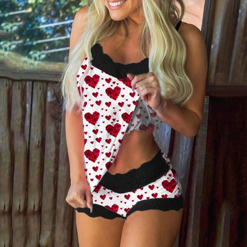 I Love You Printed Женская сексуальная пижама из двух предметов, комплект без рукавов, шорты, комплект нижнего белья на День святого Валентина, комплект одежды для сна