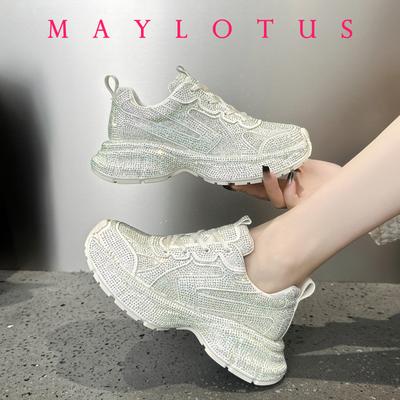 Подростковые Девочки Массивные Кроссовки с Кристаллами Женские Повседневные Дышащие Увеличивающие Рост Плоская Платформа Блестящая Обувь