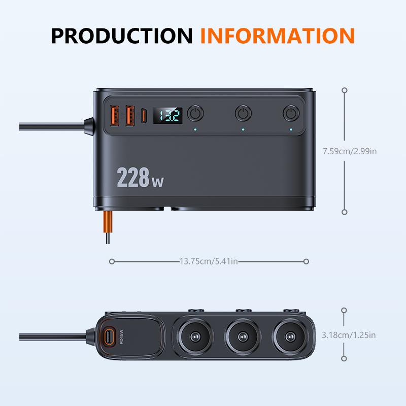 SEAMETAL Автомобильный адаптер-зарядное устройство USB C 9 в 1 228 Вт QC3.0 с PD45W, телескопическим кабелем, светодиодным дисплеем напряжения 12 В/24 В