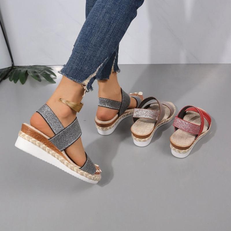2024 Summer Women's Fashion Trend Non-slip Wear-resistant Comfortable Hemp Rope Sole Stretch Fabric Sequined Flat Sandals