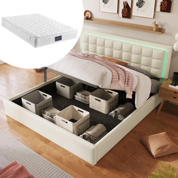 Lit avec cadre de lit LED - MUVOE - 140x200cm - Similicuir blanc - Matelas inclus - Espace de rangement