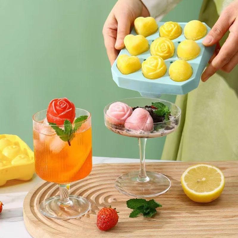 Silicone Molds Ice Cube Tray With Lid Rose Flower Heart Shape Reusable Ice Mold Bar Kitchen Accessories Ice Cream Maker Tool