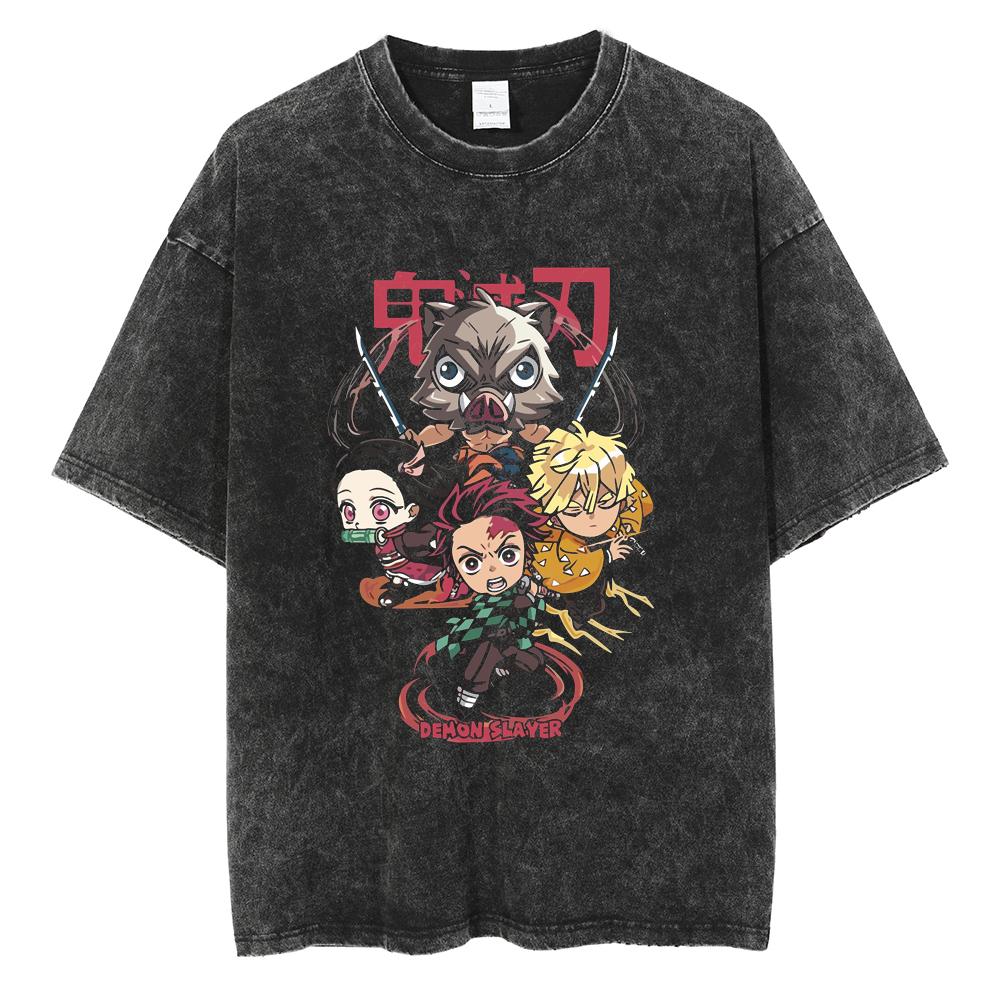 Anime Demon Slayer Tanjirou Nezuko Zenitsu Inosuke Cute Graphic Tshirt Men Women Washed Cotton T-shirts Harajuku Male Manga Tops