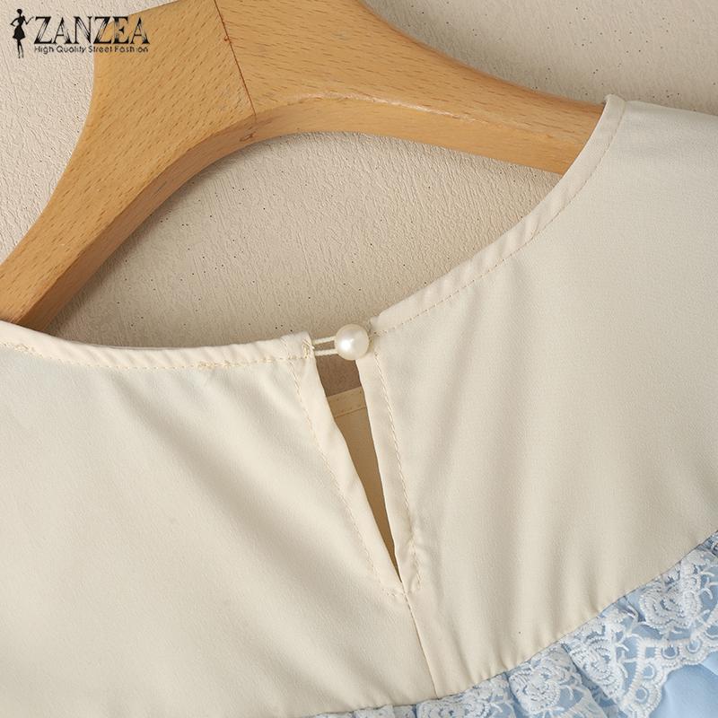 ZANZEA Женская повседневная кружевная блузка с круглым вырезом и длинным рукавом в стиле пэчворк