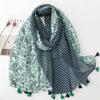 Four Season Cotton And Linen Felt Scarf, Small Fresh Green Contrasting Small Floral Fringe Scarf, Shawl For Women