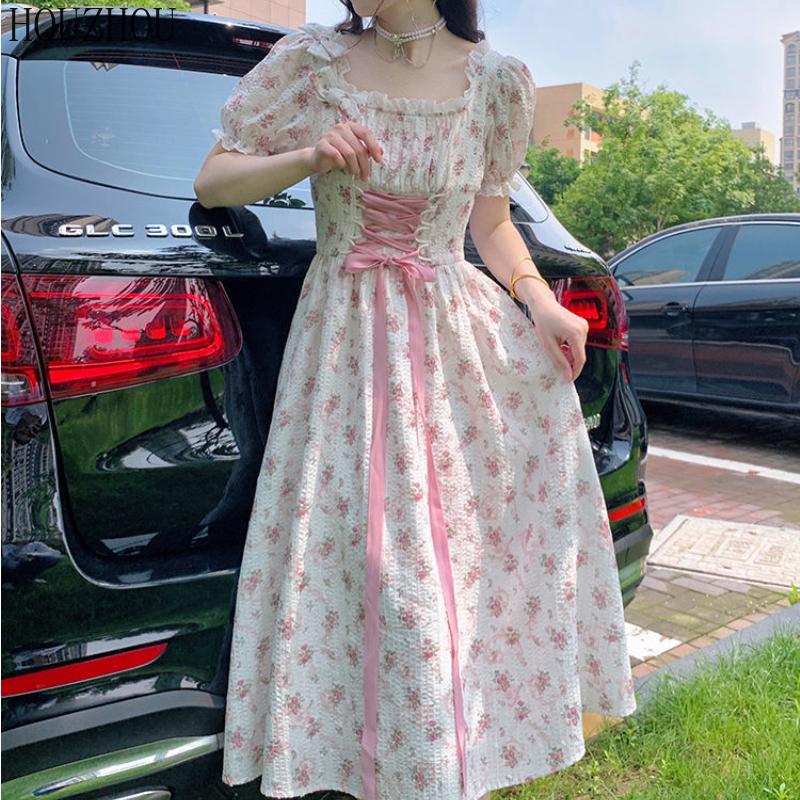HOUZHOU Платье миди с цветочным принтом для девочек с квадратным воротником и короткими рукавами, корейское милое кавайное элегантное шикарное платье феи
