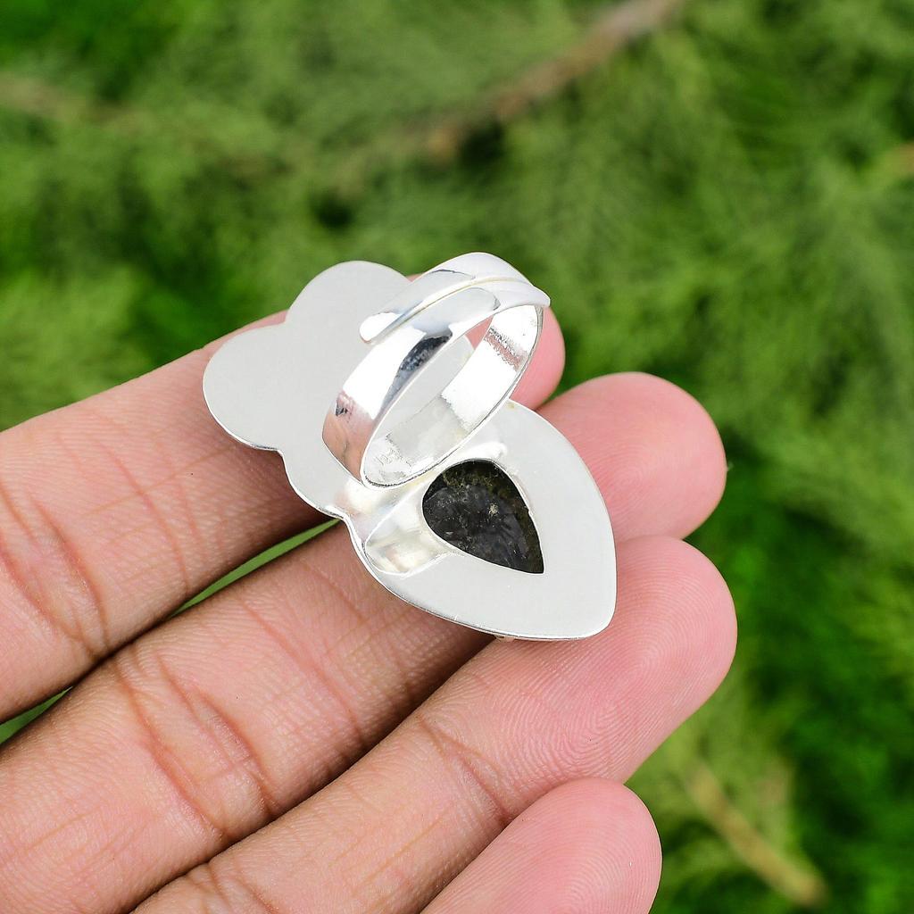 925 Sterling Silver Black Rutilated Quartz Stone Promise New Flower Ring Jewelry