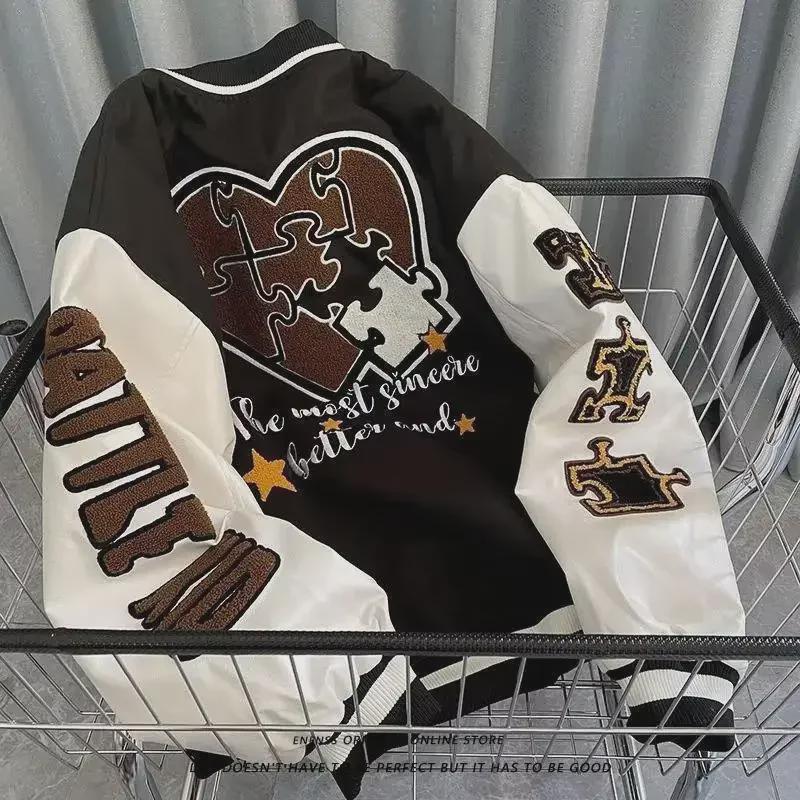 Women's 2023 Retro American Embroidered Baseball Jacket - Loose Cotton Coat for Spring and Autumn