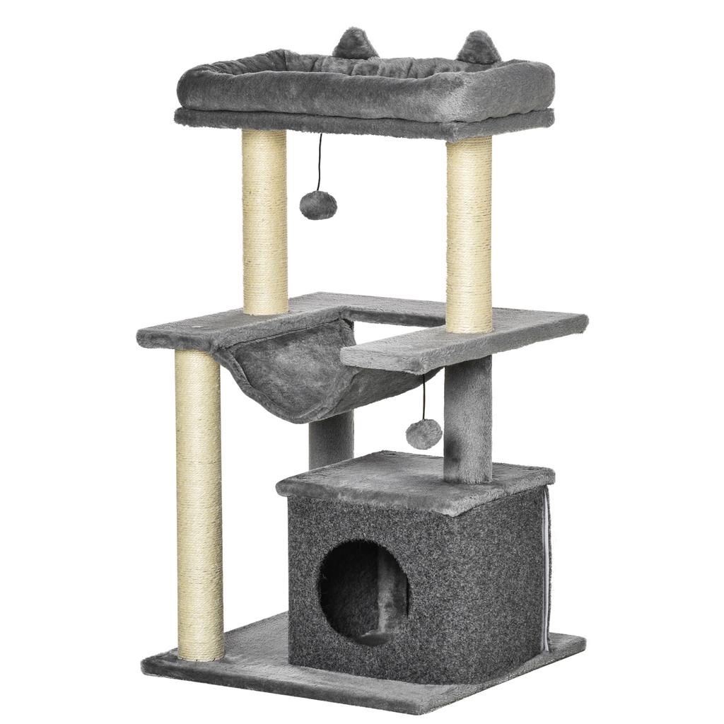 Cat Tree 90 cm Cat Tower with Hammock, Cave, 2 Plush Balls, Sisal Posts, Platforms, Multi-Level Cat Scratching Tree, Climbing Tree