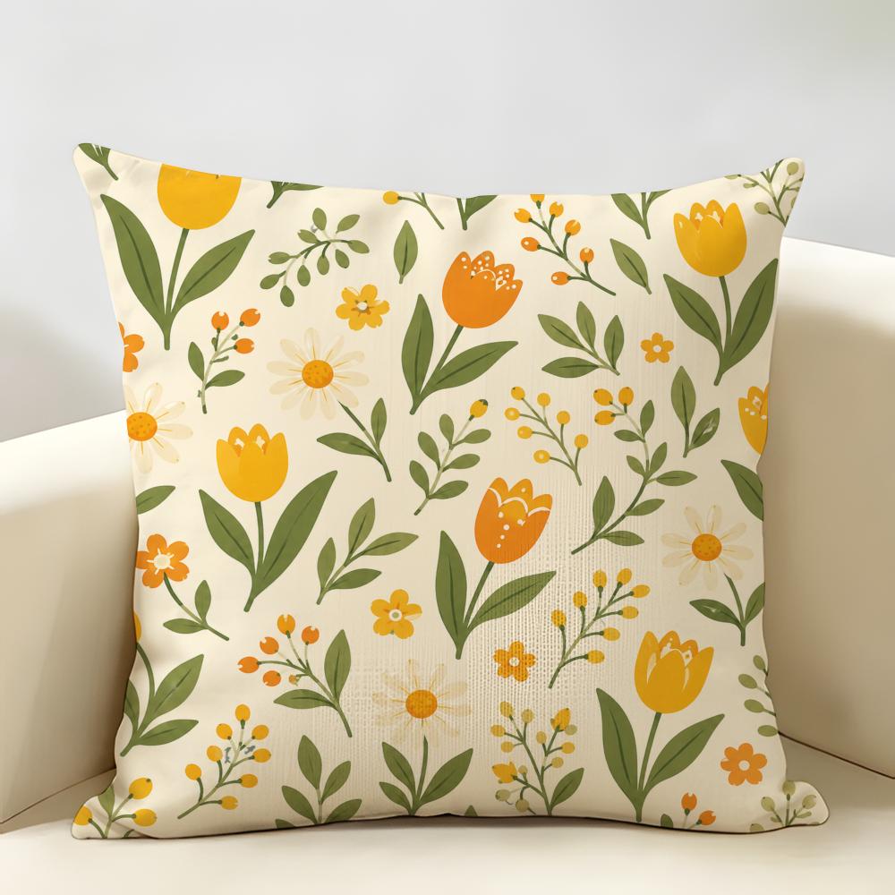 Scandinavian Yellow Folk Floral Cushion Cover Durable Hypoallergenic Organic Linen Short Pillow Cover Washable