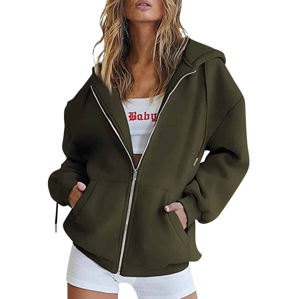 Women's Zip Hoodie Long Sleeve Oversized Sweatshirt Fleece Jacket Pocket Sweatshirt Jacket