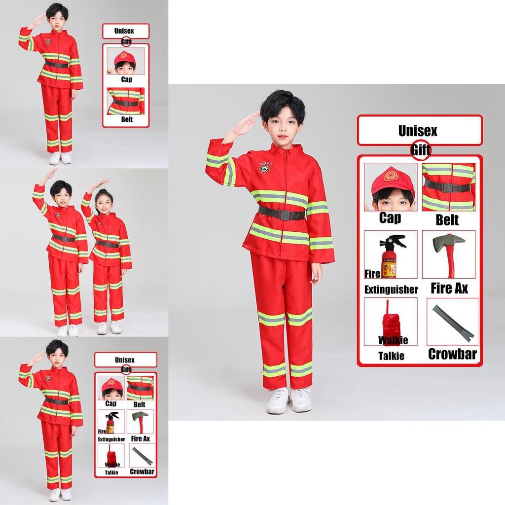 Детский костюм пожарного для переодевания, красный полиэстер, набор костюма пожарного с поясом и кепкой-уточкой