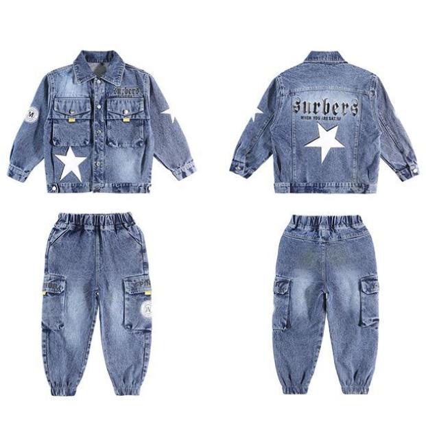 Весенне-осенний джинсовый костюм для мальчиков, джинсовая куртка с капюшоном и джинсы для мальчиков и детей, модный костюм-двойка