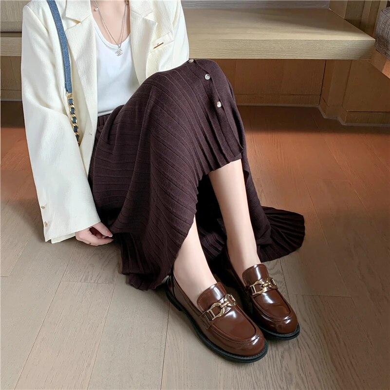 Meotina Женские лоферы из натуральной кожи с круглым носком на плоской подошве с металлическими украшениями, женская модная повседневная обувь, весна-осень, черный, коричневый 40