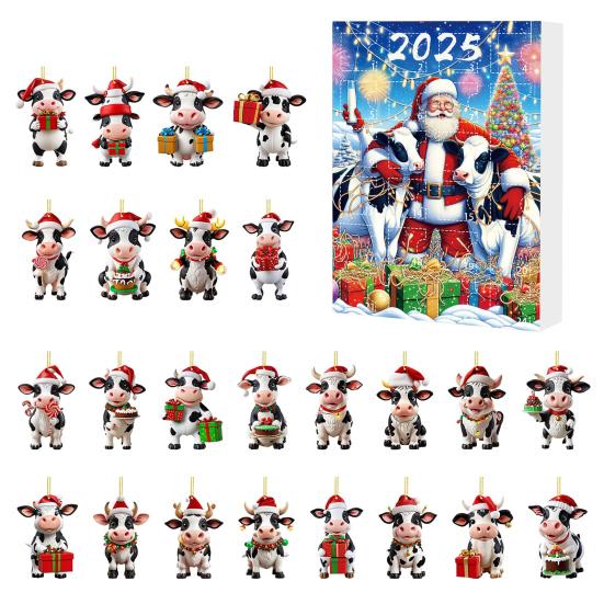 Cow Advent Calendar 2025 24 Days Christmas Countdown Calendar with 2D Acrylic Highland Cow Hanging Ornaments Cute Cow Christmas Tree Pendant