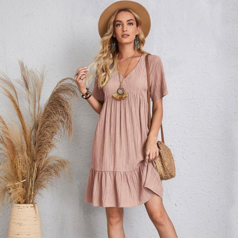Летние свободные однотонные женские повседневные платья с коротким рукавом, модное винтажное элегантное сексуальное платье с баской, женское свободное платье с оборками на талии 25924