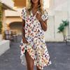 Women's Casual Fashion Lapel Floral Print Dress Short Sleeve V Neck Short Skirt