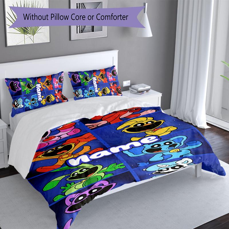 3pcs Custom Name Smiling Critters Bedding Set,Includes 1 Duvet Cover and 2 Pillowcases,All-season Bedroom Decor