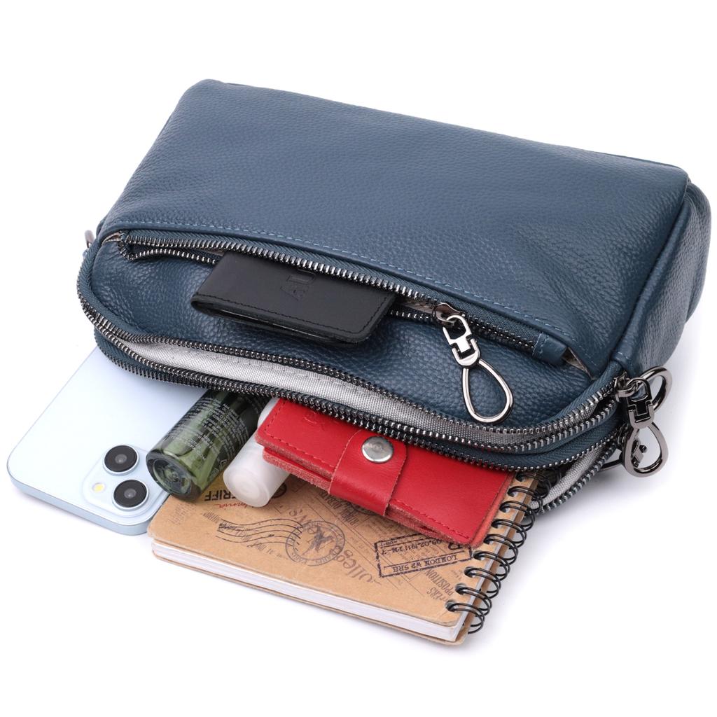 Stylish Women's Bag with Pockets Made of Genuine Leather Vintage 22600 Blue