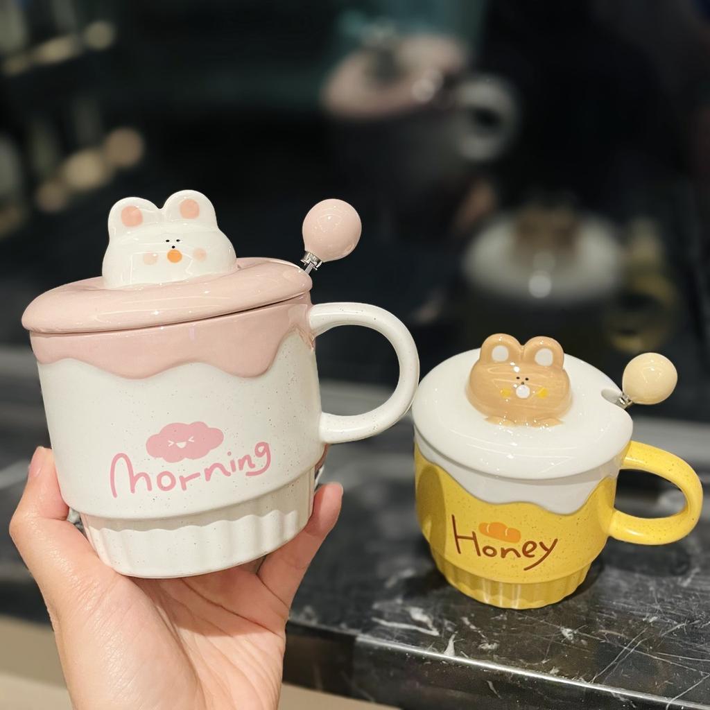 Cute Cartoon Coffee Milk Bear Ice Cream Ceramic Cup with Lid Spoon Girls Water Cup Home Breakfast Oatmeal Cup Mug
