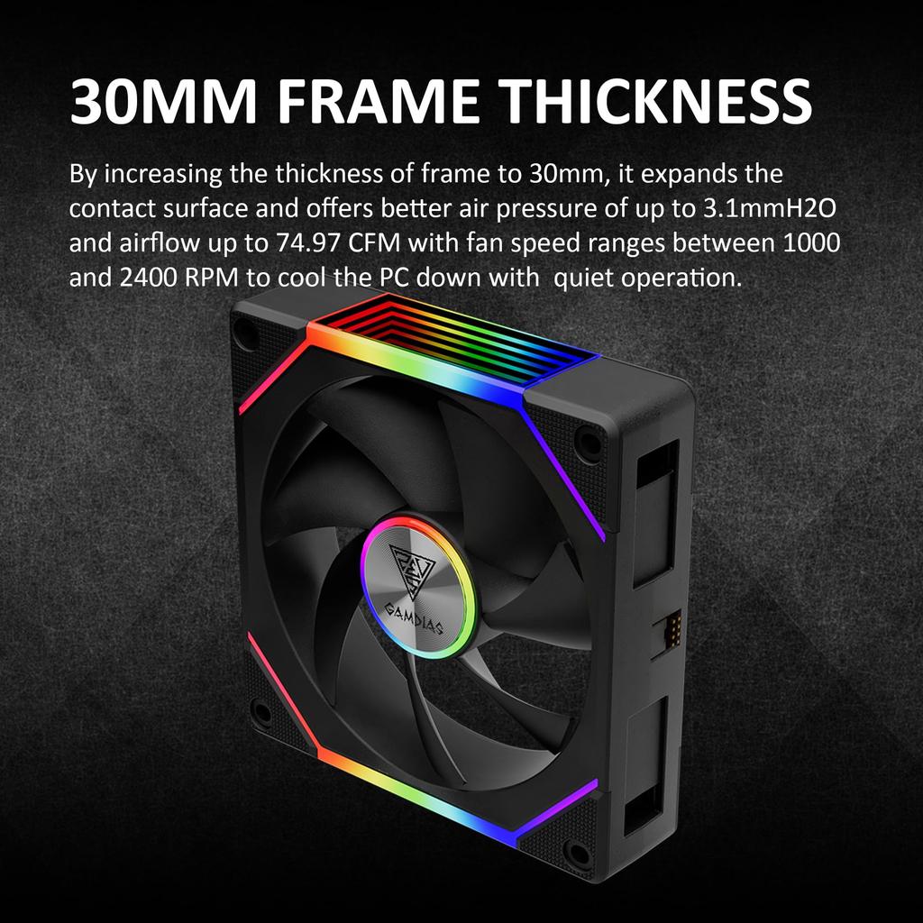 GAMDIAS 120mm ARGB PC Computer Case Fan Cabless Daisy Chain Replaceable Fan Blades Reverse Air Volume 30mm Thickness Infinity Mirror No Controller