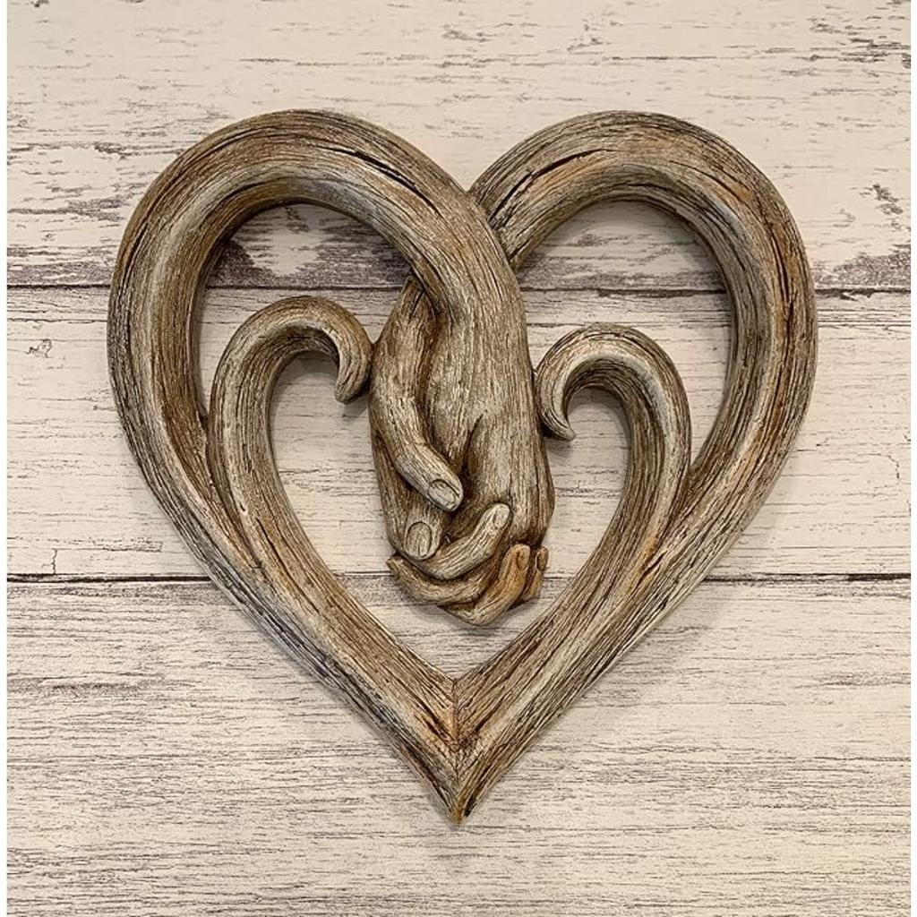 Art Sculpture Heart Holding Hands Wall Decor Decorative - Faux Wood Finish - Forever Love