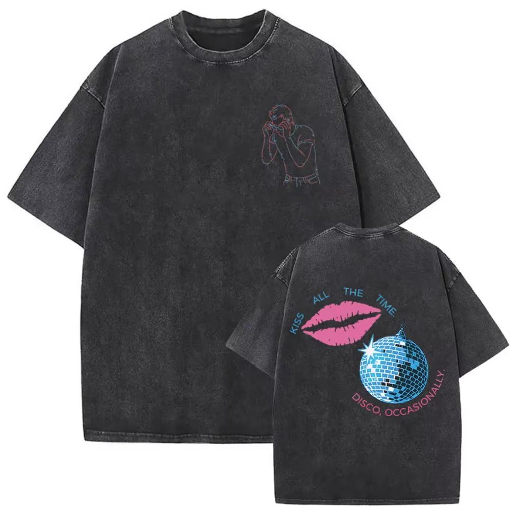 Kiss All The Time Disco Occasionally Album Vintage Washed Tshirts Men Women Clothing Fashion Hip Hop Short Sleeves T Shirt