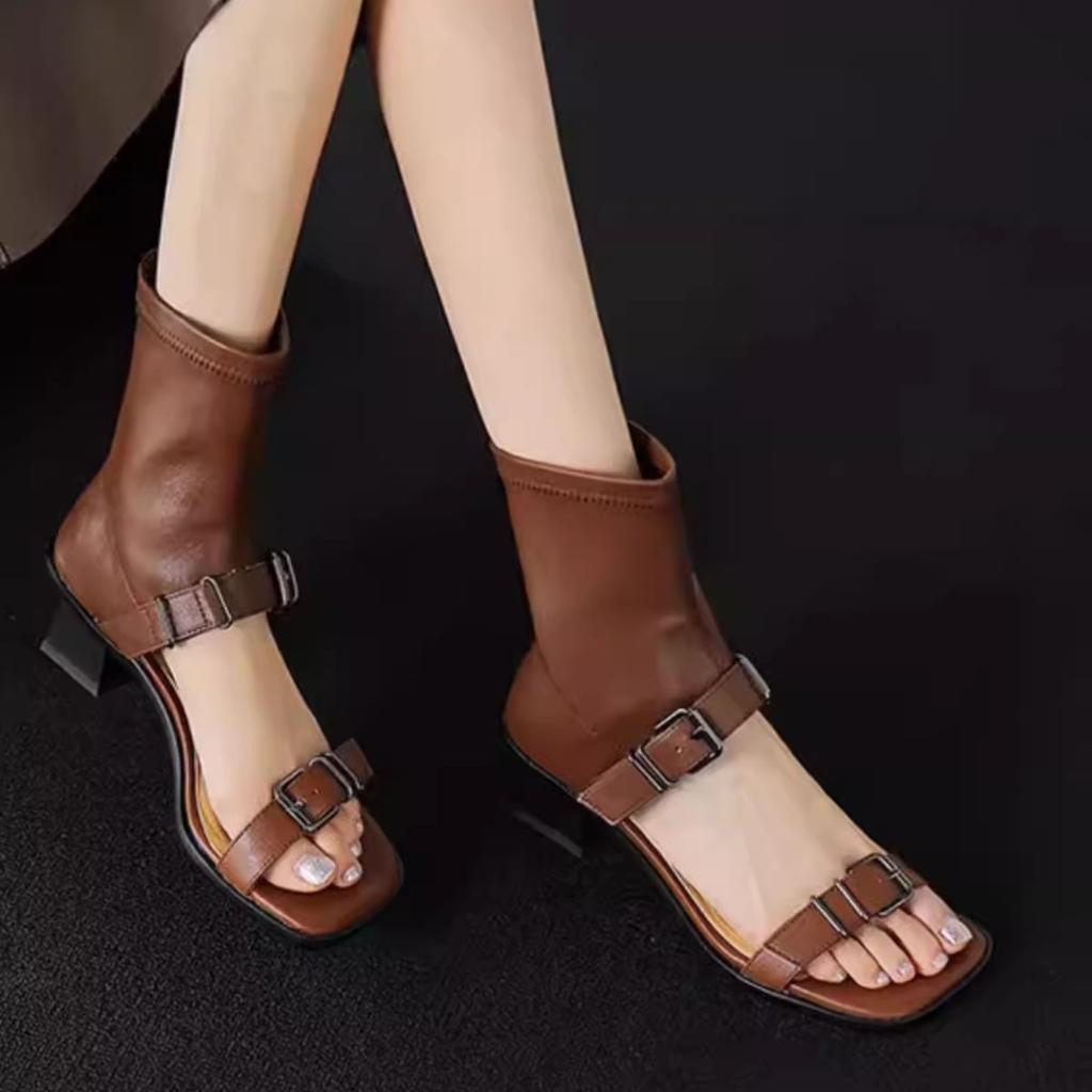 Belt Buckle Thick Heel Open-toed High-top Sandals Women's Summer Square Head Rear Zipper Roman Cool Boots