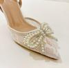 Fashion New Spring 2025 White High-Heeled Women'S Pearl Bow Lace Pointed Toe Sexy And Versatile Sandals