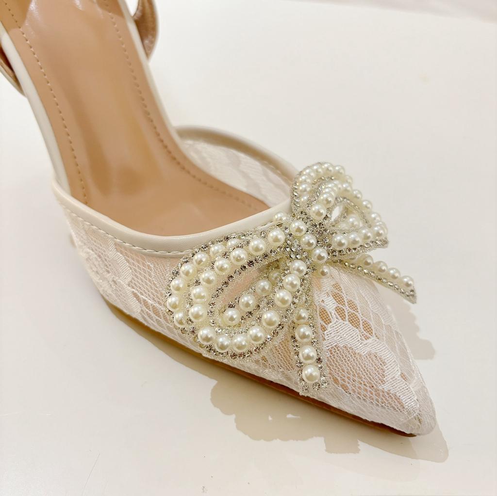 Fashion New Spring 2025 White High-Heeled Women'S Pearl Bow Lace Pointed Toe Sexy And Versatile Sandals
