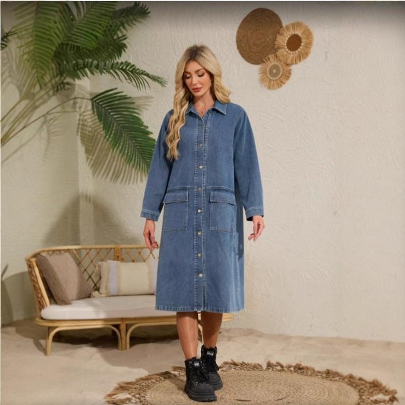 Womens Relaxed Fit Denim Shirt Dress With Single Breasted Vintage Chic Style Long Sleeve Mid-Length