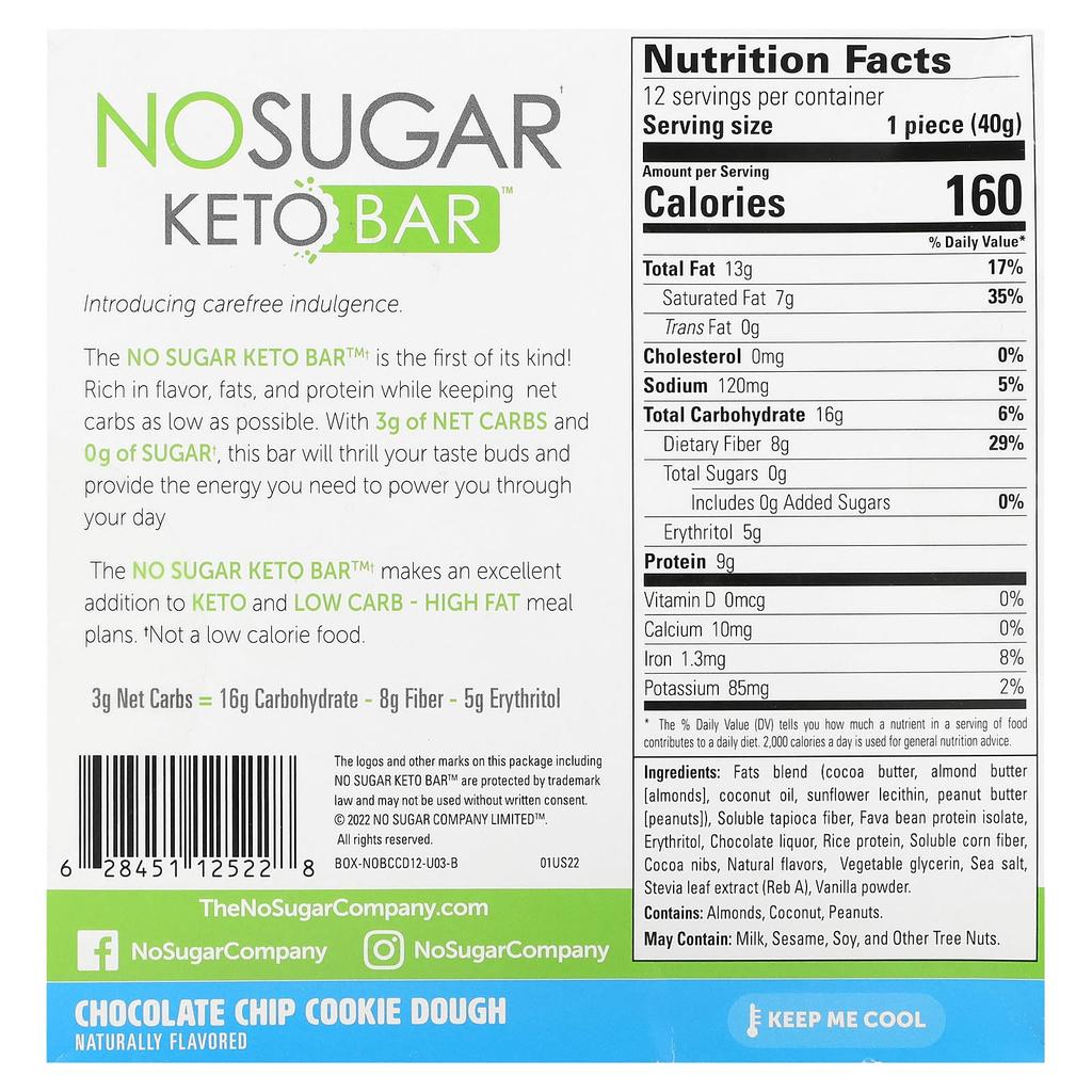 Keto Bar, Chocolate Chip Cookie Dough, 12 Bars, 40G (1.41Oz) Each