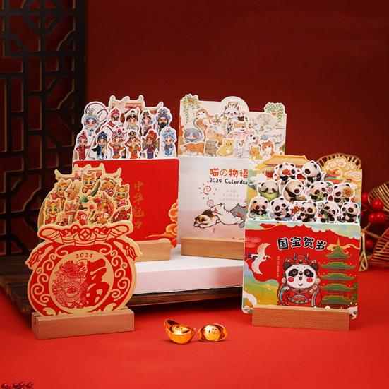 Настольный календарь на 2024 год с деревянной основой, тип карты с мультяшной тематикой, на 12 месяцев с января по декабрь 2024 года, ежемесячный настольный календарь для дома, офиса и школы