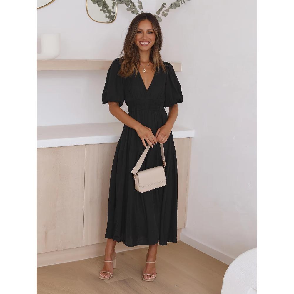 Модное летнее винтажное платье для женщин с рукавами-фонариками и оборками, повседневное платье с V-образным вырезом и высокой талией, сексуальное вечернее миди-пляжное платье