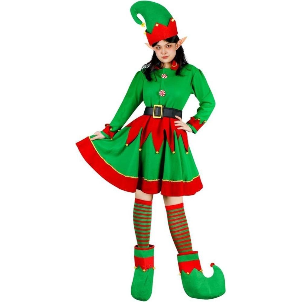 Green Elf Dress Christmas Elf Costume Velvet Xmas Suit New Cosplay Clothing Adult Kids