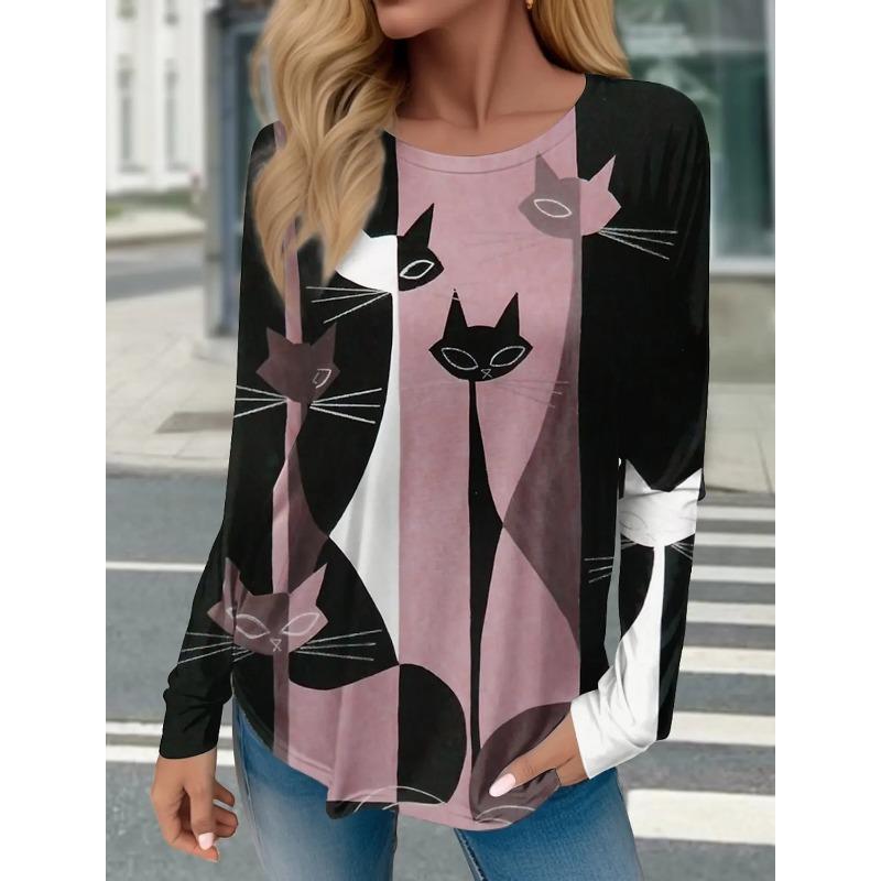 Women's T-shirt 3D Printed Art Design Cat Pattern Long Sleeved Fun Round Neck Top