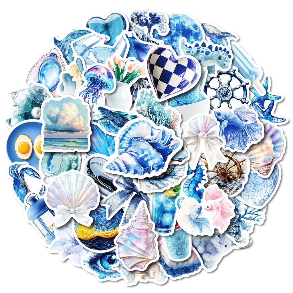 50 Мечтательных синих граффити-наклеек Голубая планета Хрустальная раковина Без повторений Декоративные наклейки