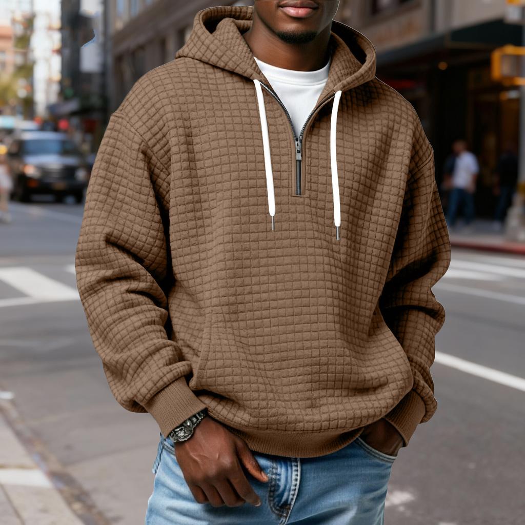 Мужской худи-пуловер в клетку с капюшоном на молнии до середины, со шнурком, повседневная спортивная толстовка