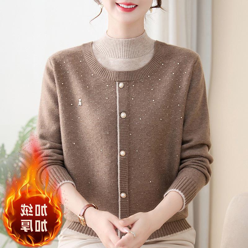Mom's 2025 Winter Faux Two-Piece Knit Top: Stylish, Warm, Plus Velvet Thickened Sweater for Autumn & Winter