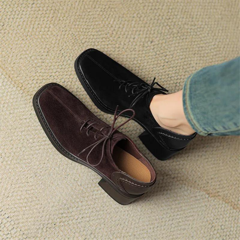 Модные Новые Весенне-Осенние Замшевые Лоферы на Шнуровке для Женщин, Квадратный Носок, Массивный Каблук, Удобные Женские Туфли-Лодочки, Женская Обувь на Высоком Каблуке