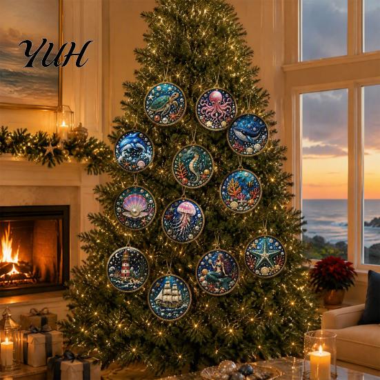 Seasonal Wall Hanging 12PCS Christmas Tree 2D Flat Pendant, Pearl Acrylic Art Kits, Bright Living Room Ornament Color Classic Patterns for Holiday